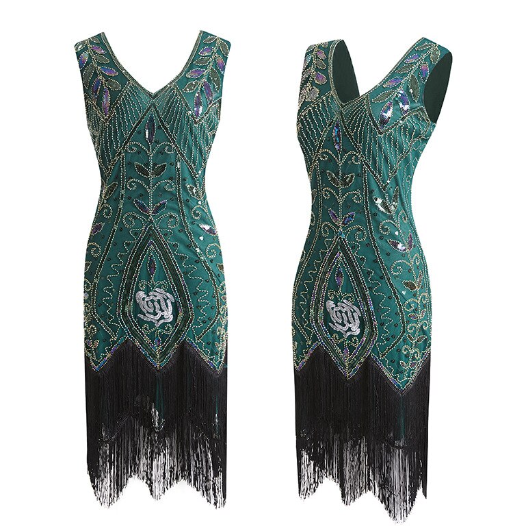 Robe Gatsby verte à franges