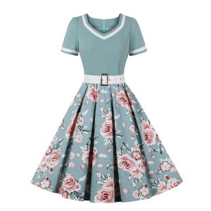 Robe Pin-Up Bleue Fleurie Vintage