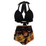 Maillot De Bain Vintage Taille Haute Noir Motif Fleurs Années 60