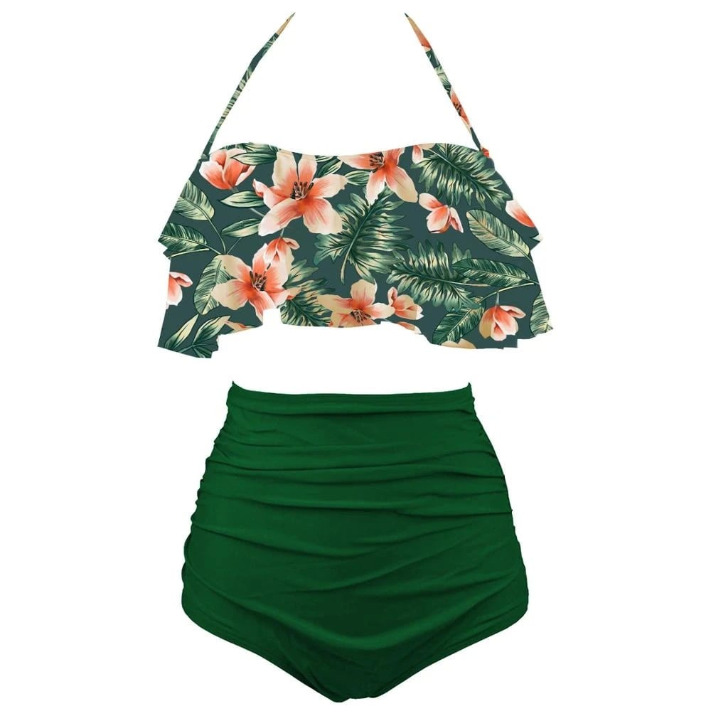 Maillot De Bain Vintage Volant Vert Fleurs Rétro Chic