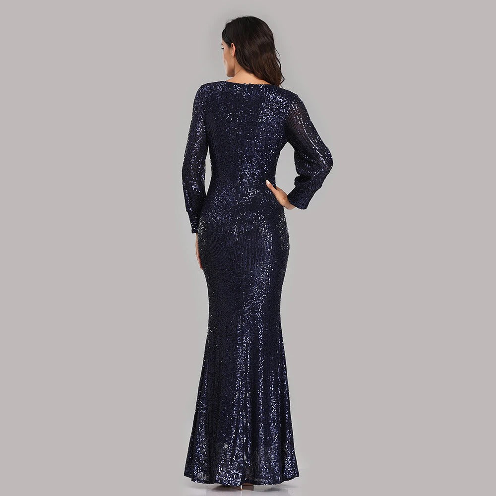 Robe Gatsby marine élégante à manches longues – Image 3