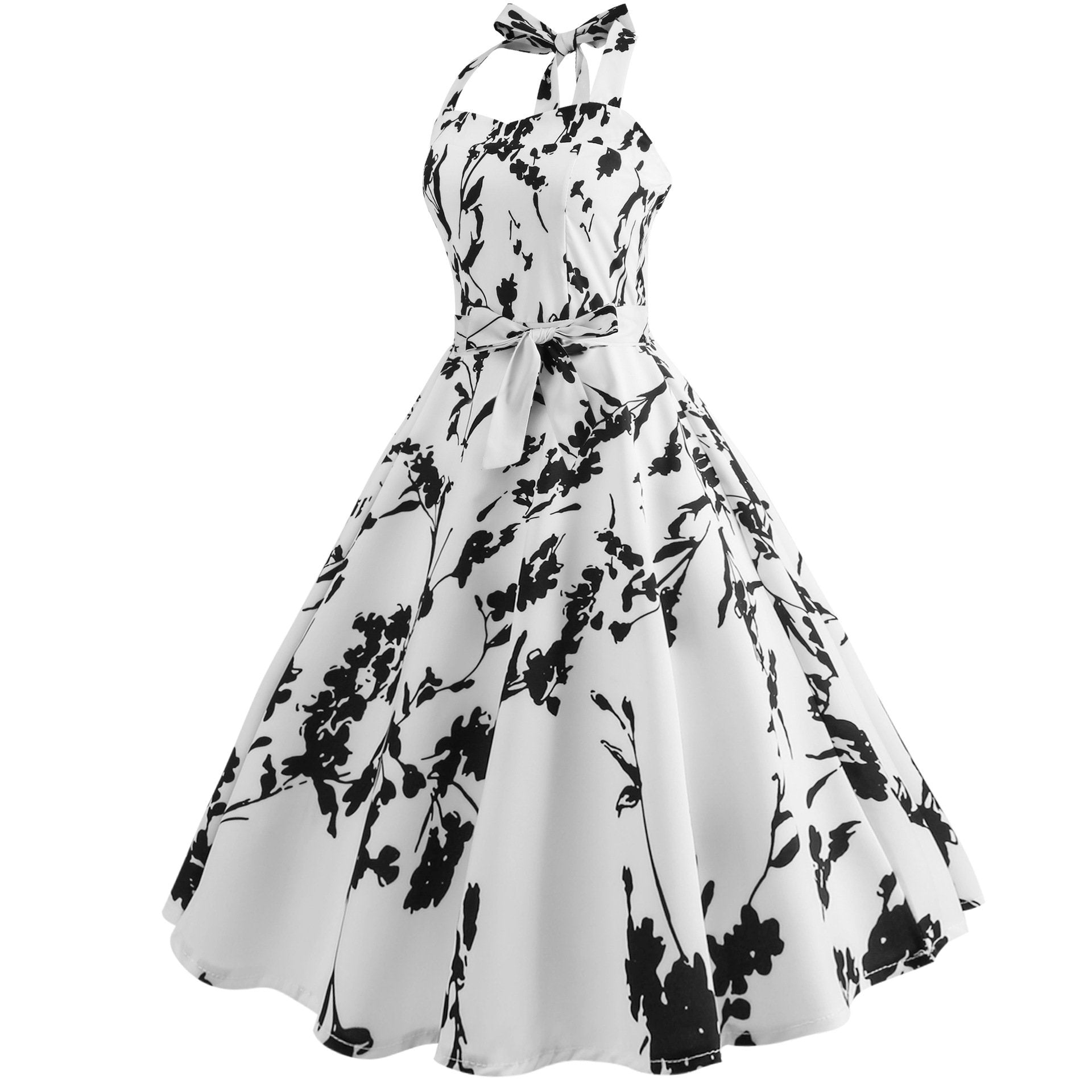 Robe Guinguette blanche ornée de motifs floraux noirs – Image 3