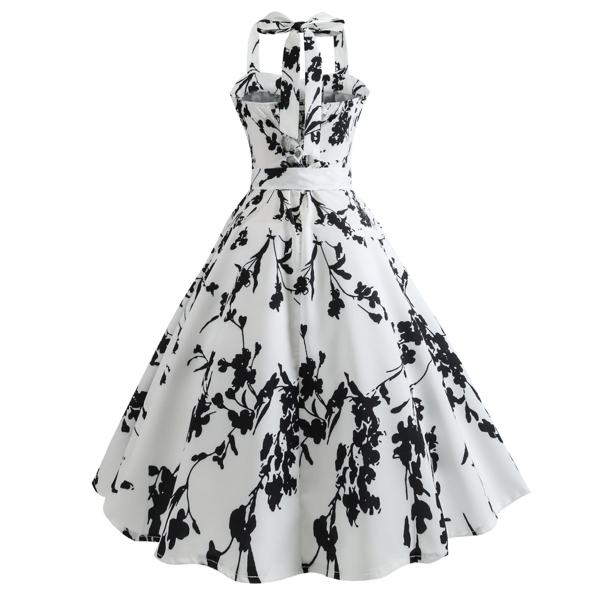 Robe Guinguette blanche ornée de motifs floraux noirs – Image 4