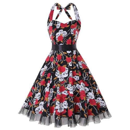 Robe Guinguette Tête de Mort et Roses | Vintage-Dressing