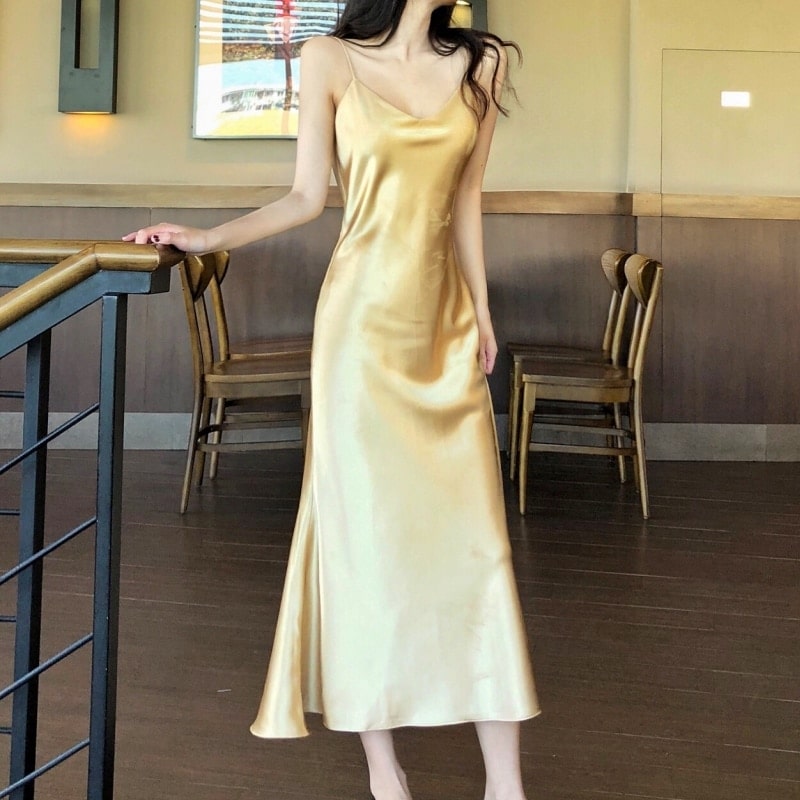 Robe Vintage Longue Rétro Chic Or Soirée