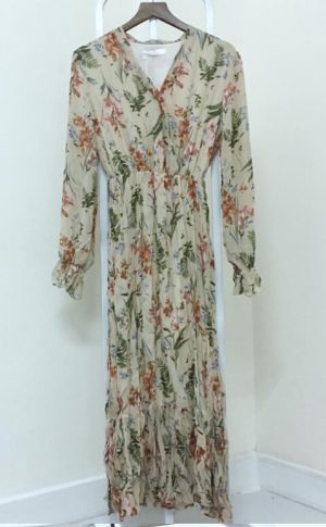 Robe Vintage Mousseline de Soie Fleurie Beige Rétro