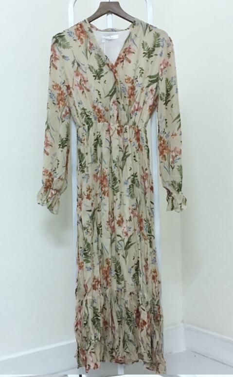Robe Vintage Mousseline de Soie Fleurie Beige Rétro