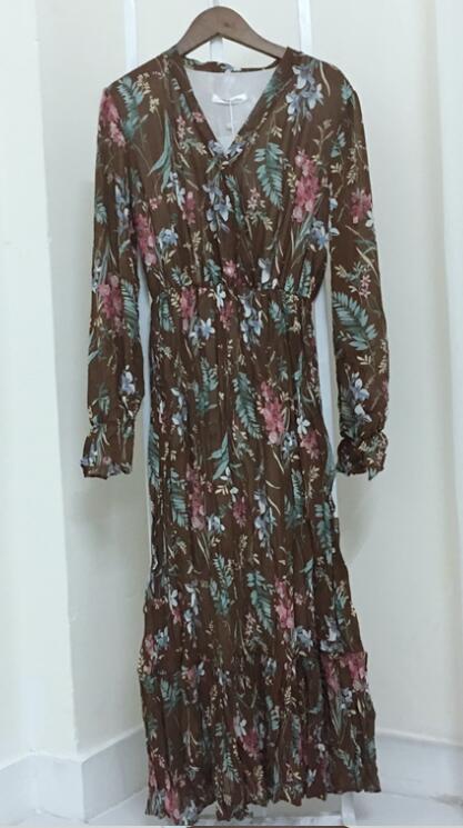 Robe Vintage Mousseline de Soie Fleurie Marron Rétro