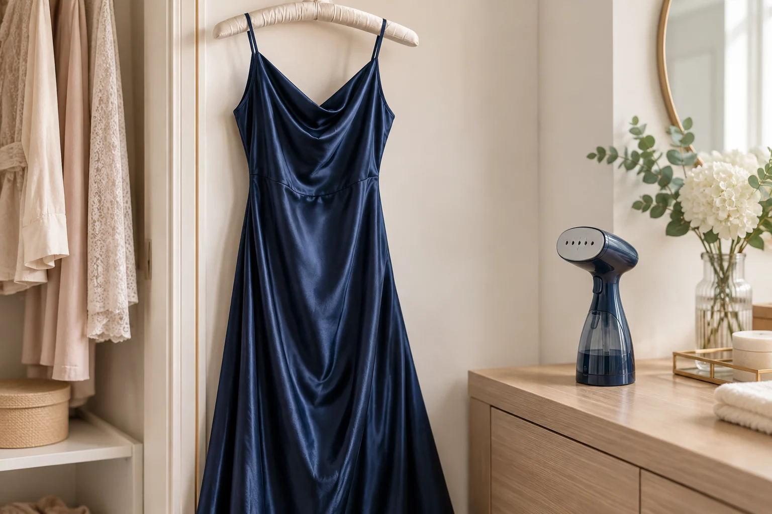 Robe en satin bleu nuit suspendue près d’un défroisseur posé sur un meuble